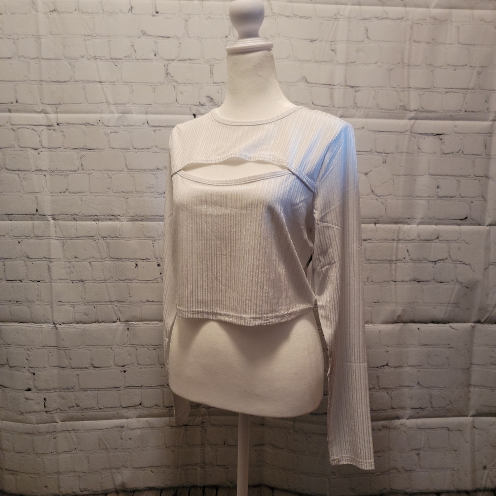 NWT Light Gray Cropped Cut-Out Long Sleeve Tee